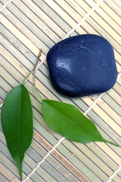 Gröna blad och stenar på bambu matta — Stockfoto