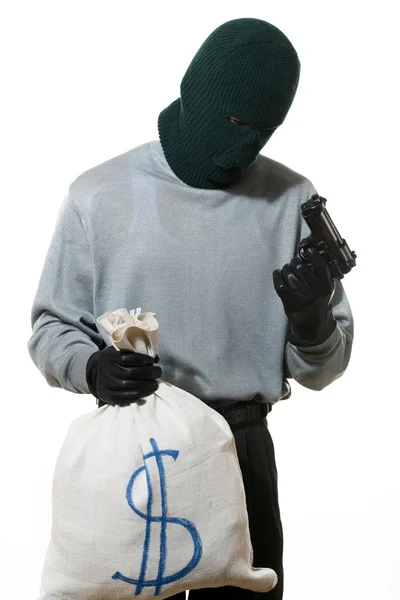 Man with bag and gun — Stock Photo, Image