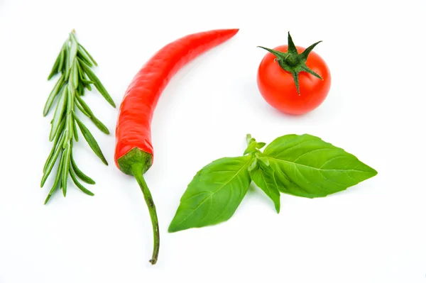 Pimenta, manjericão, alecrim, tomate — Fotografia de Stock