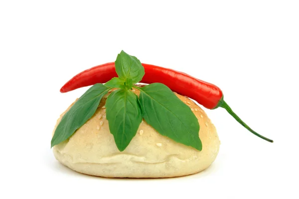 Bun, pepper and basil — Stock Photo, Image