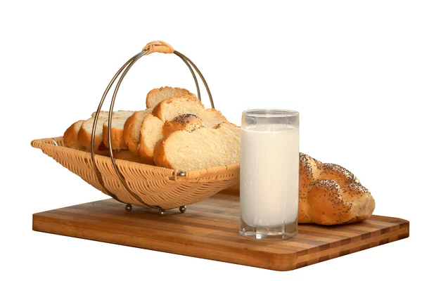 White bread and milk in glass — Stock Photo, Image