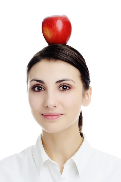 Girl with apple on her head — Stock Photo, Image