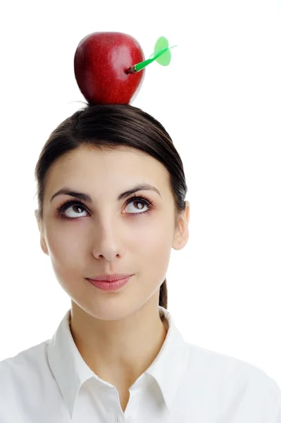 Girl with apple on her head — Stock Photo, Image