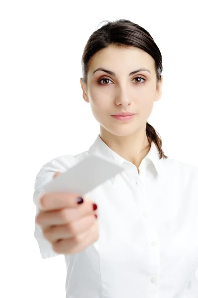 Kobieta trzyma w ręku businesscard puste — Zdjęcie stockowe