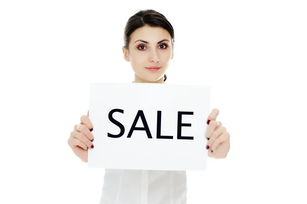 stock image Woman holding sheet of paper with inscription