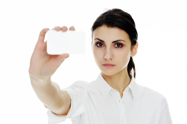 Mujer sosteniendo tarjeta de visita en blanco en la mano —  Fotos de Stock