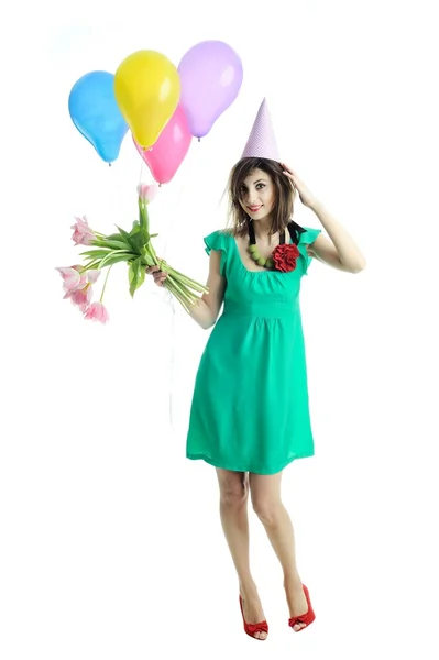 Dziewczyna z balonów i tulipany — Zdjęcie stockowe