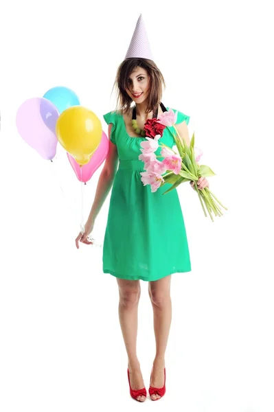 Chica con globos y tulipanes —  Fotos de Stock