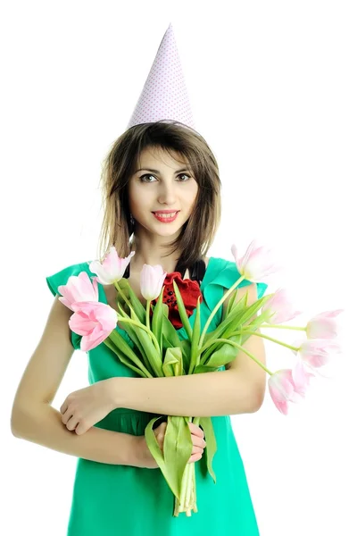 Девушка с воздушными шарами и тюльпанами — стоковое фото