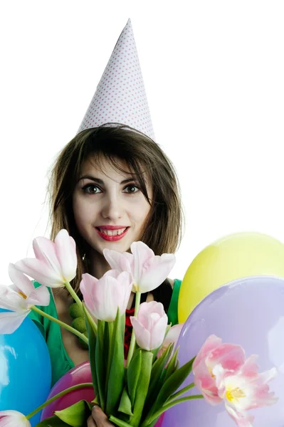 Dívka s balónky a tulipány — Stock fotografie