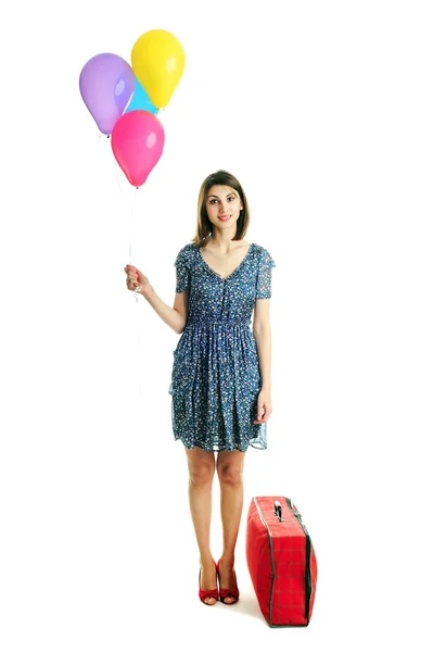 Junge Frau mit Koffer & Luftballons — Stockfoto