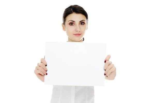 Mujer sosteniendo papel blanco — Foto de Stock