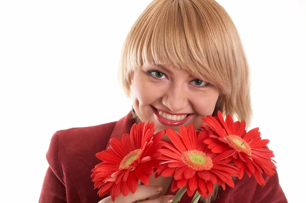 Woman in red with flowers — Stock Photo, Image