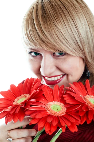 Portrait of woman with red flowers — Stock Photo, Image