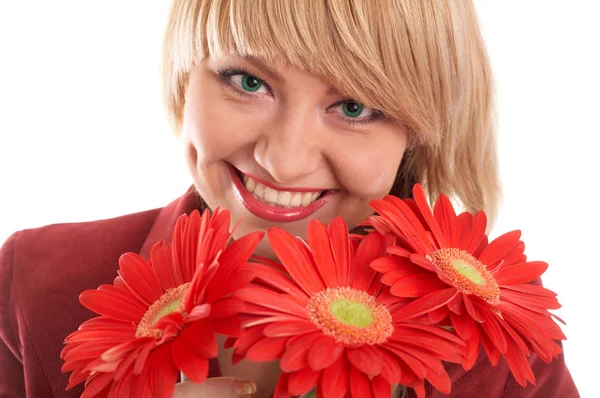 Groene-eyed meisje met bloemen — Stockfoto