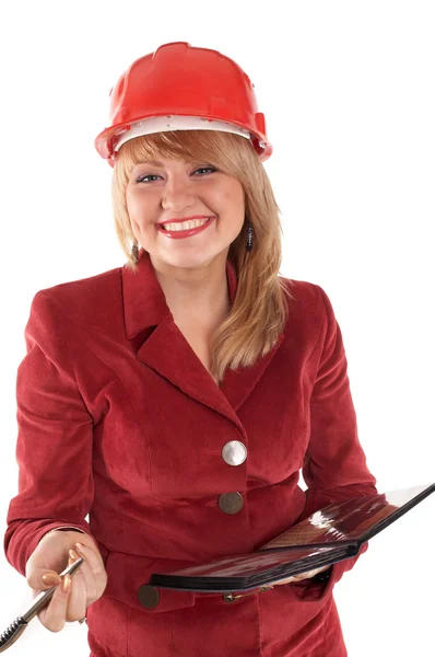 Усміхнена жінка в червоному — стокове фото