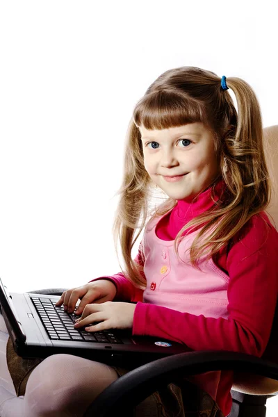 Girl with black laptop — Stock Photo, Image