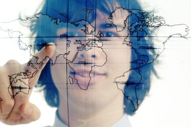 Young businessman with map of the world clipart