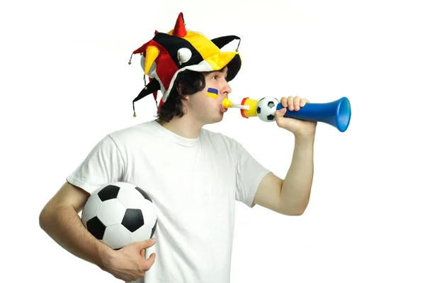 Fã de futebol com bola e trompete — Fotografia de Stock