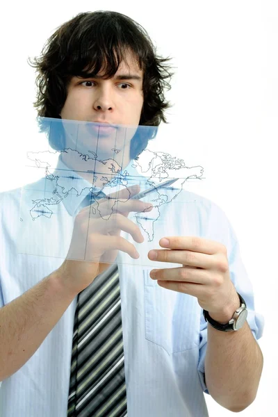 Joven hombre de negocios con mapa del mundo — Foto de Stock