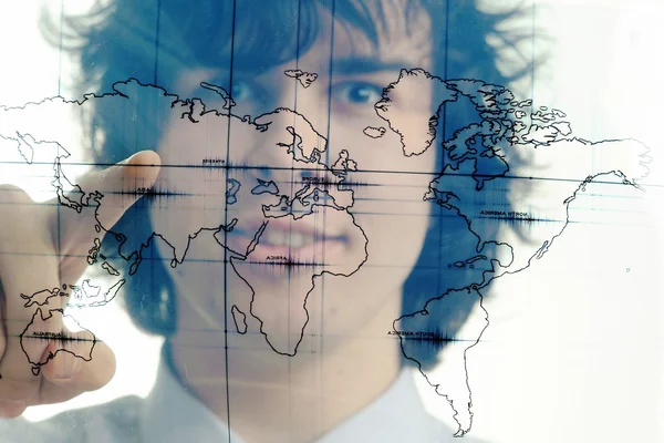 Muž s mapou světa — Stock fotografie
