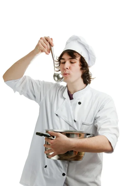 Chef con cucharón y sartén — Foto de Stock