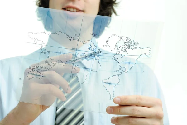 若いビジネスマンが世界地図を持っていて — ストック写真