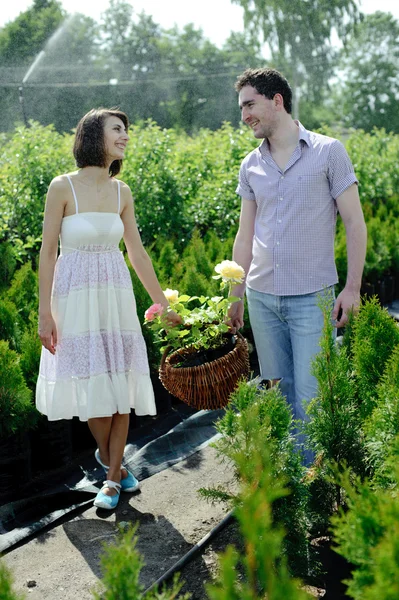 Um jovem casal com uma cesta com rosas — Fotografia de Stock