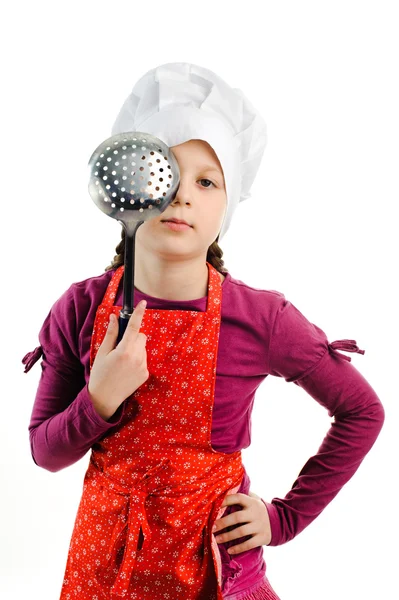 A girl with a colander in her hands — Stock Photo, Image