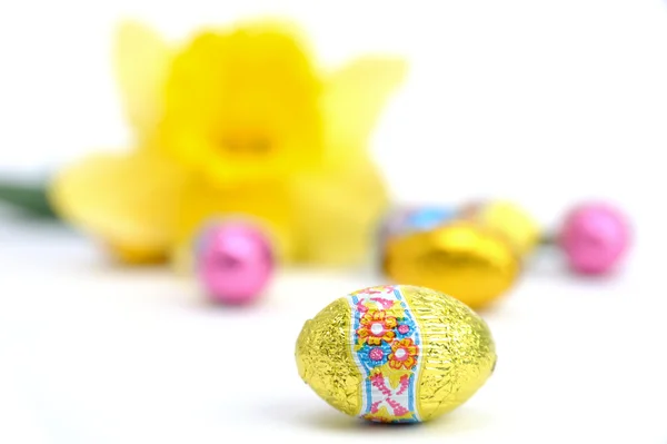 Easter eggs with daffodil — Stock Photo, Image