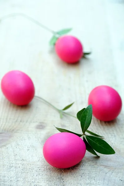 Ovos roxos e folhas verdes — Fotografia de Stock