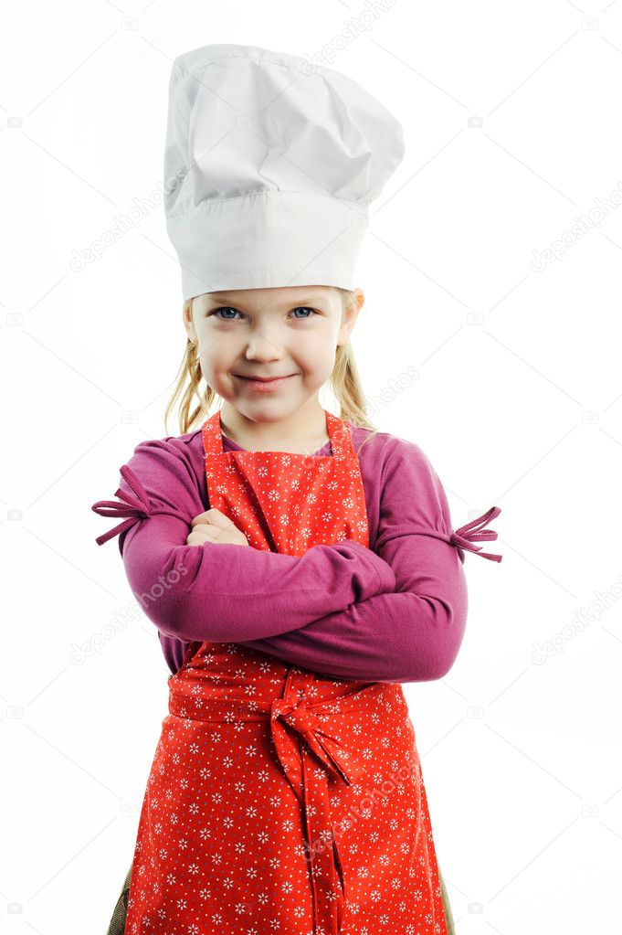 A nice girl in white hat and red apron
