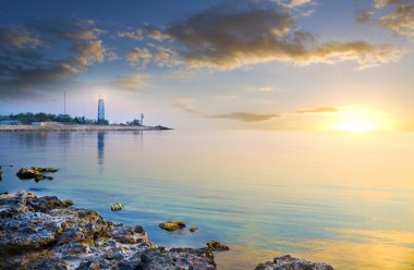 Seascape and lighthouse on the shore. clipart