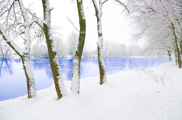 Зимняя река в снегопад — стоковое фото