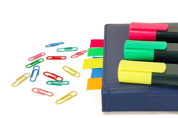 Paper clips, markers, notebook with tabs — Stock Photo, Image