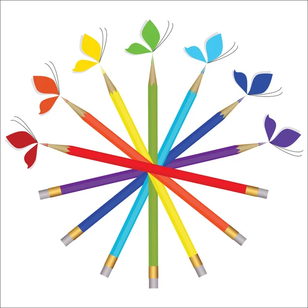 다채로운 연필 및 나비 — 스톡 벡터