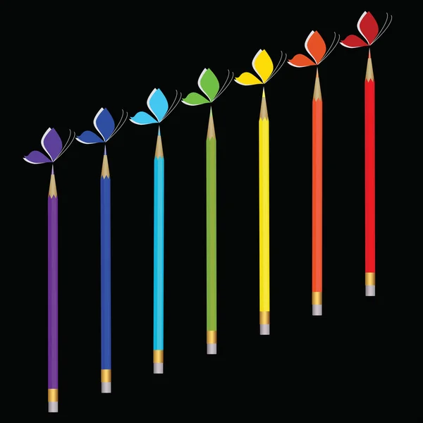 Färgglada pennor och fjärilar på svart — Stock vektor