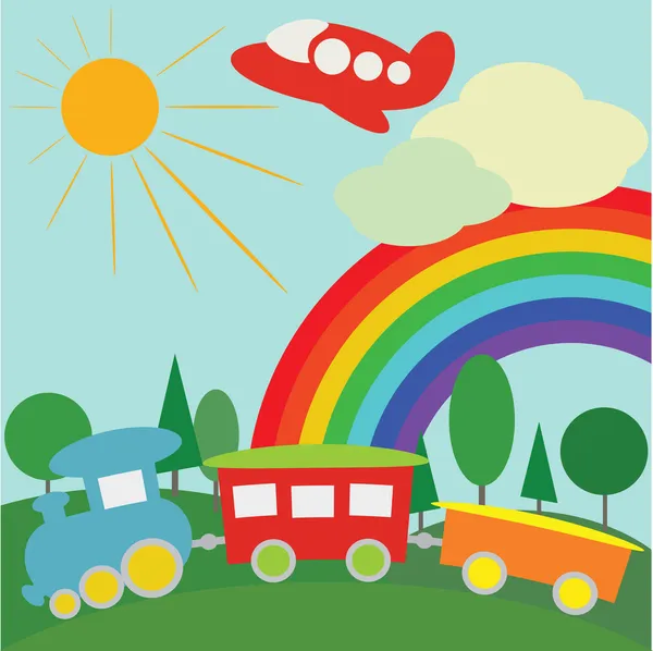 Crianças fundo com trem, avião e arco-íris —  Vetores de Stock