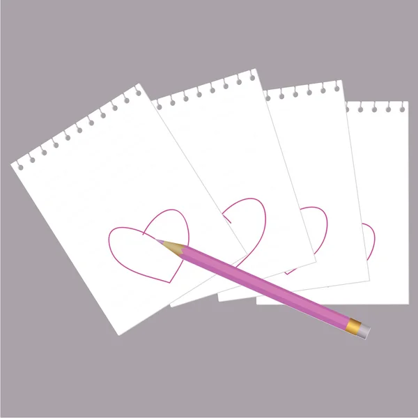 Notizpapier mit Herzen und Bleistift — Stockvektor