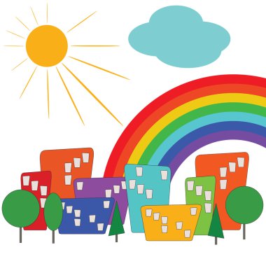 Colorful city with sun and rainbow clipart