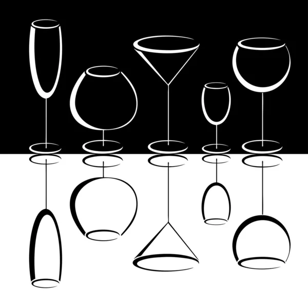 Ensemble de verres à vin noir et blanc — Image vectorielle