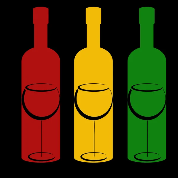 Botellas de color y gafas de vino en negro — Archivo Imágenes Vectoriales