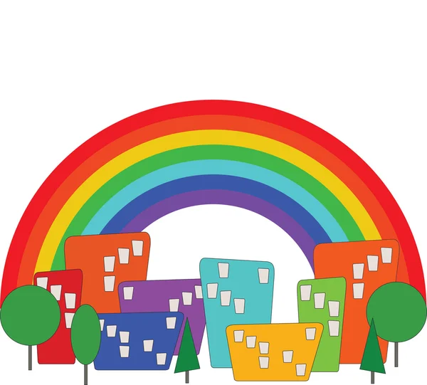 Cartoon kleurrijke stad en regenboog vector — Stockvector