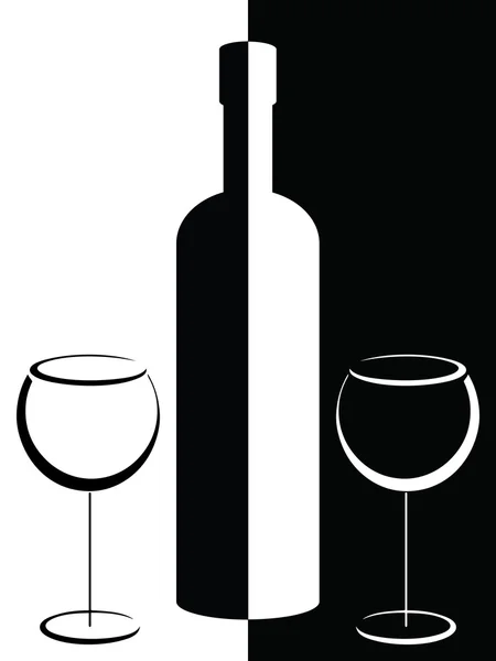 Μαύρο και άσπρο μπουκάλι και ποτήρια κρασιού — Διανυσματικό Αρχείο
