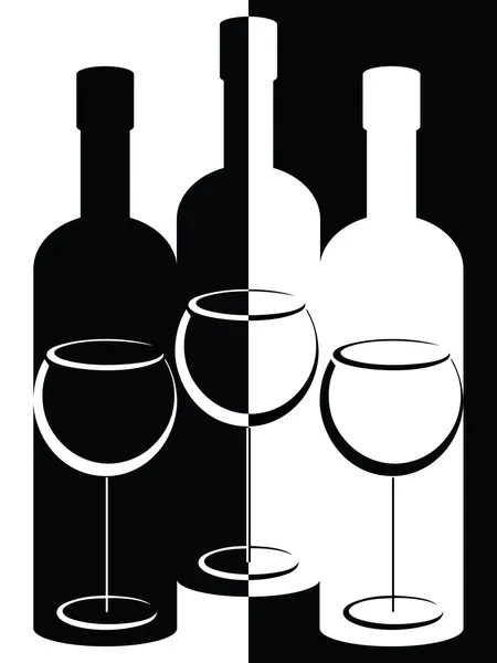 Μαύρο και άσπρο μπουκάλια και ποτήρια κρασιού — Διανυσματικό Αρχείο