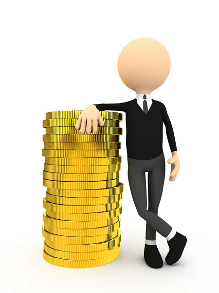 3d pessoa com moedas de ouro sobre fundo branco — Fotografia de Stock