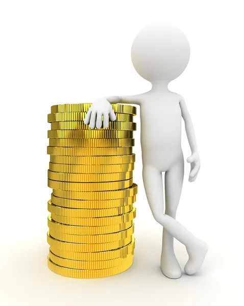 3D-persoon met gouden munten op witte achtergrond — Stockfoto