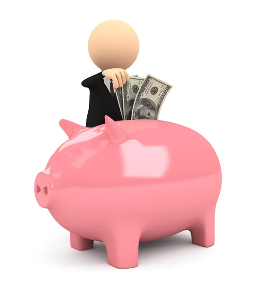 3d person with piggy bank on white background — Stock Photo, Image