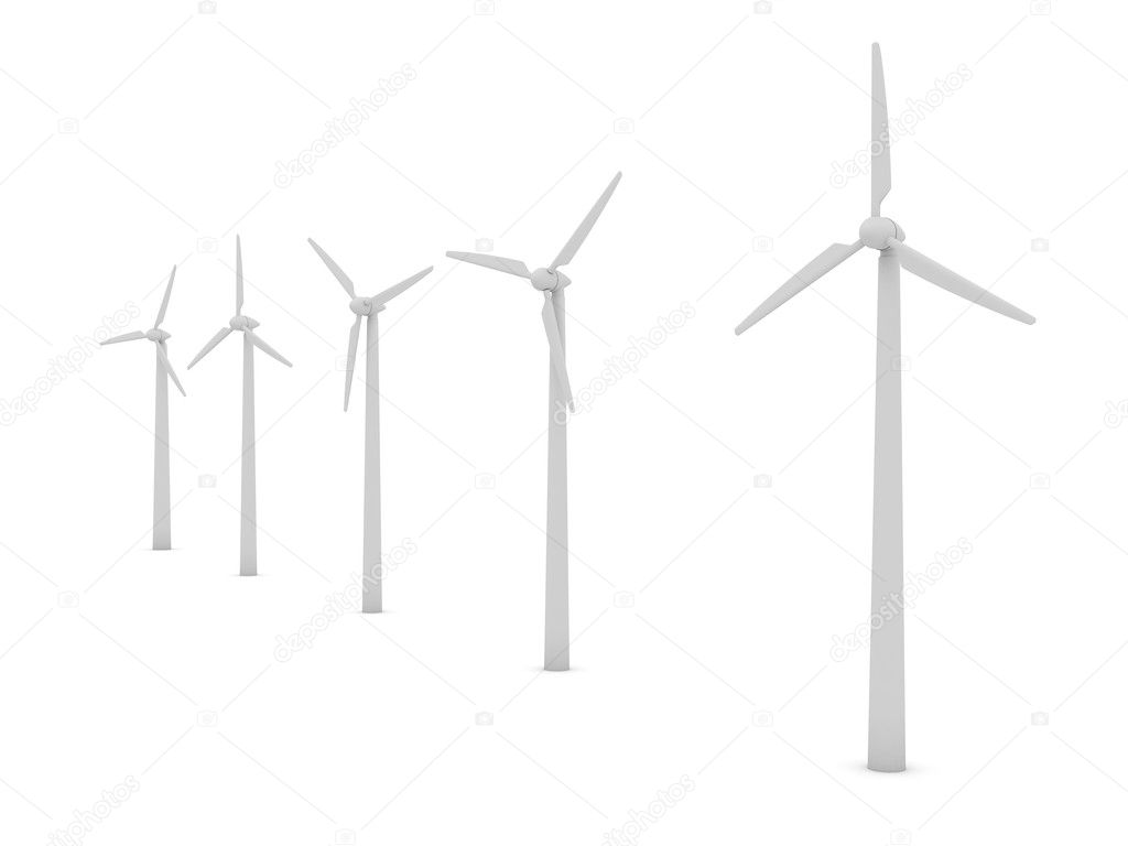 Wind turbines over white background
