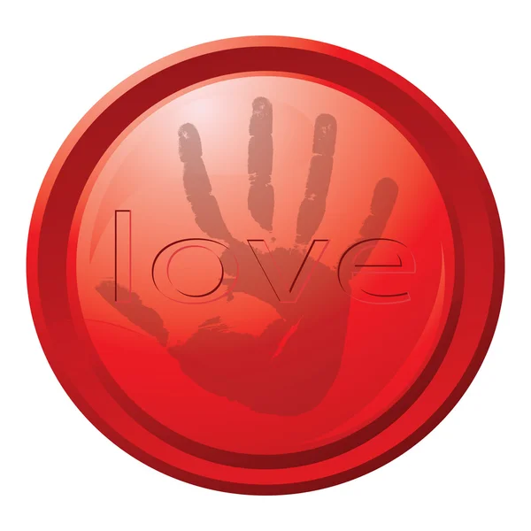 Červené tlačítko s otiskem ruky a nápis "love" — Stockový vektor